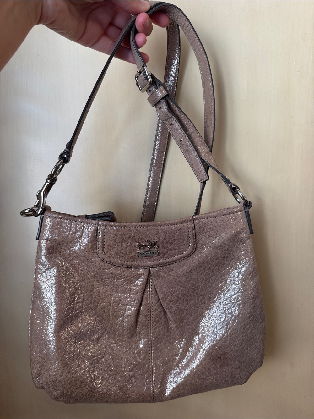 Coach Shiny Taupe Patent Leather Shoulder Bag